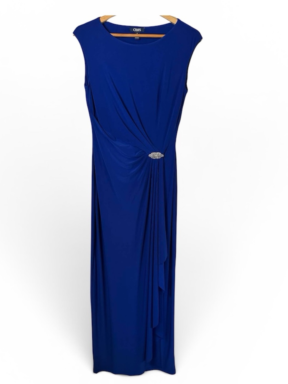 Chaps Cobalt Blue Sleeveless Formal Gown with Draped Side and Jeweled Accent